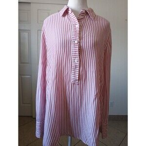 MAX STUDIO Womens Blouse Red White L Striped Popover Tunic Collared Long Sleeve